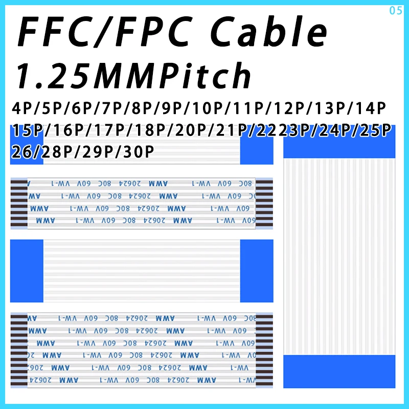 1.25mm Pitch FPC FFC Ribbon Flexible Flat Cable 4/5/6/8/10/11/12/13/14/15/16/17/18/19/20/21/22/23P/24/25/26/28/30P 100/200/300MM