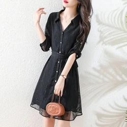 Women's Clothing Knee Skirts Solid Color Button Pullover Chiffon Long Sleeve Turn-down Collar Casual Spring Summer Dresses