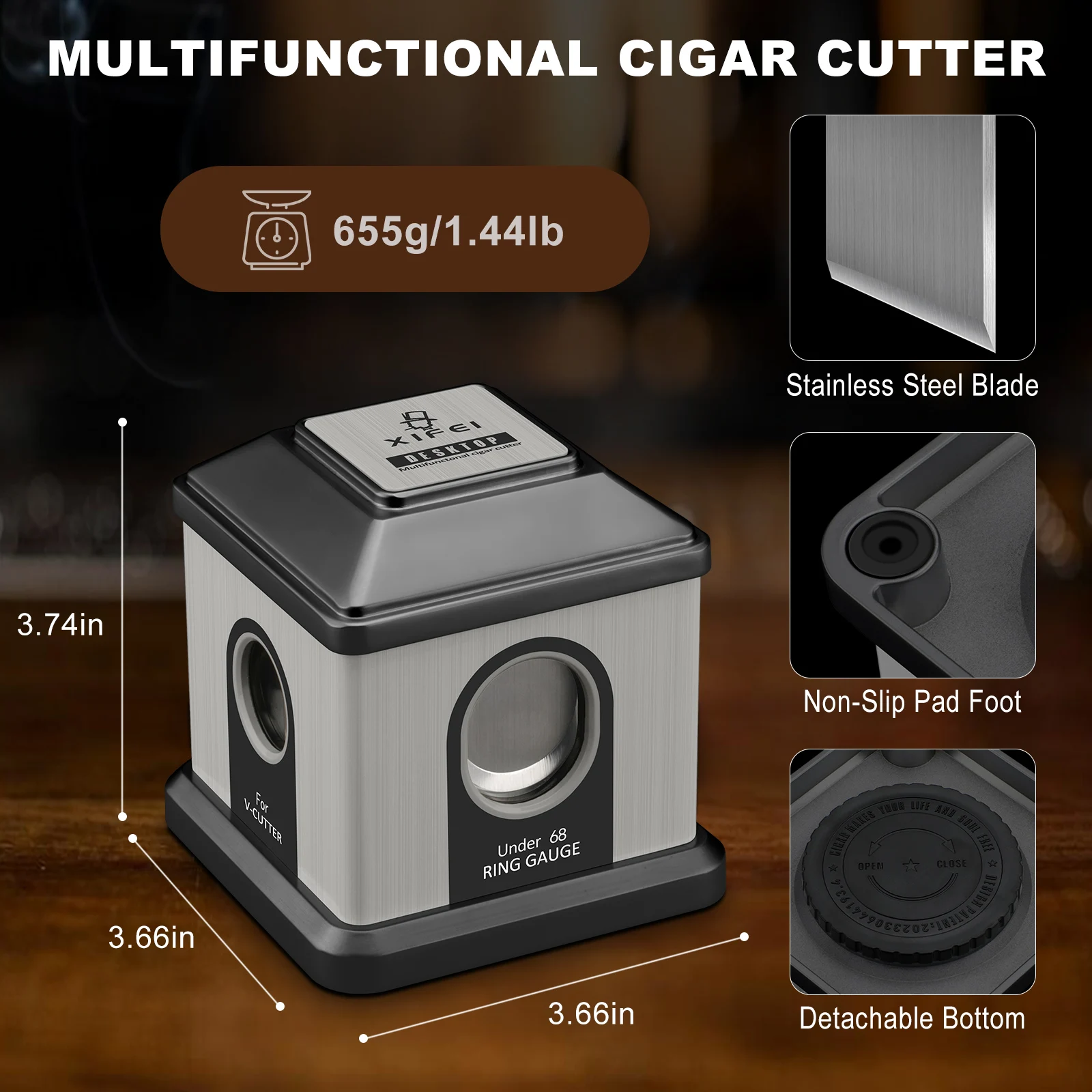 XIFEI 4 in 1Table Cigar Cutter,Straight Cut V-Cut Cigar Cutters for 32-68 Ring Gauge,Ergonomic Design Stainless Steel Guillotine