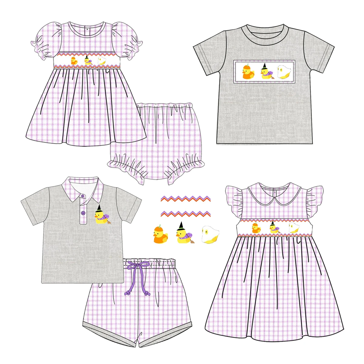 New Halloween Duck Prints Girls Purple Plaid and Boys Gray Short-sleeved Tops and Shorts Boutique Sets and Dresses