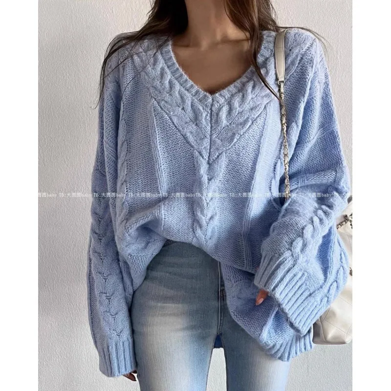 Women\'s Oversized Cable Knit Sweater Long Sleeve V-Neck Pullover Jumper Fall Winter Knit Tops Light Blue Pink Korean Style