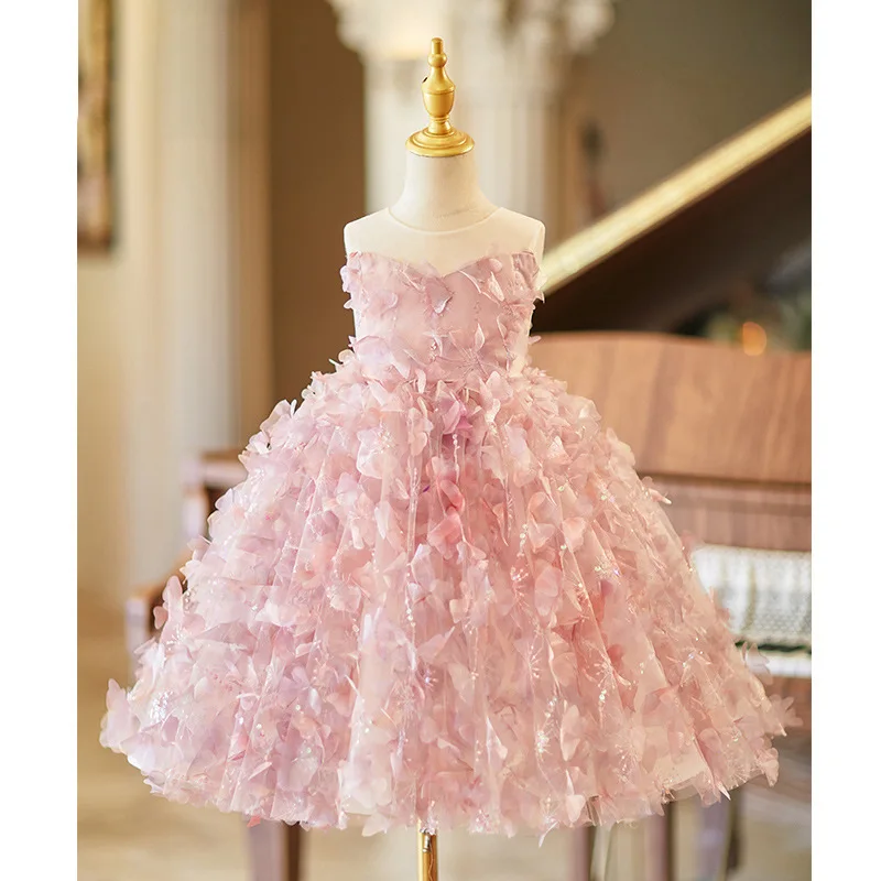 

Sleeveless Luxury Elegant High End Host Performance Evening Gown Children Birthday Pink Princess Dress Flower Girls Kid Clothing
