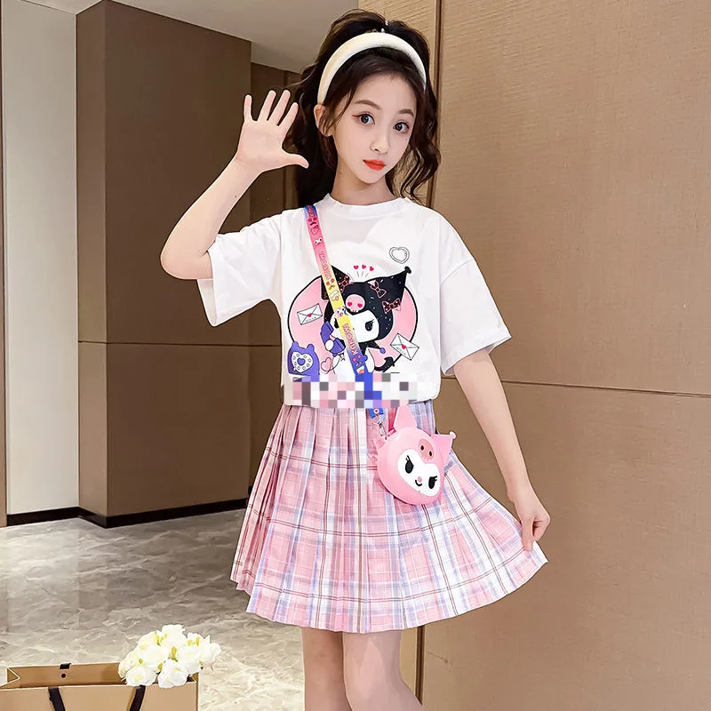 Sanrio baru T-Shirt lengan pendek anak perempuan rok berlipat Set Kuromi kartun Musim Semi dan musim panas T-Shirt rok atasan dua potong Set hadiah