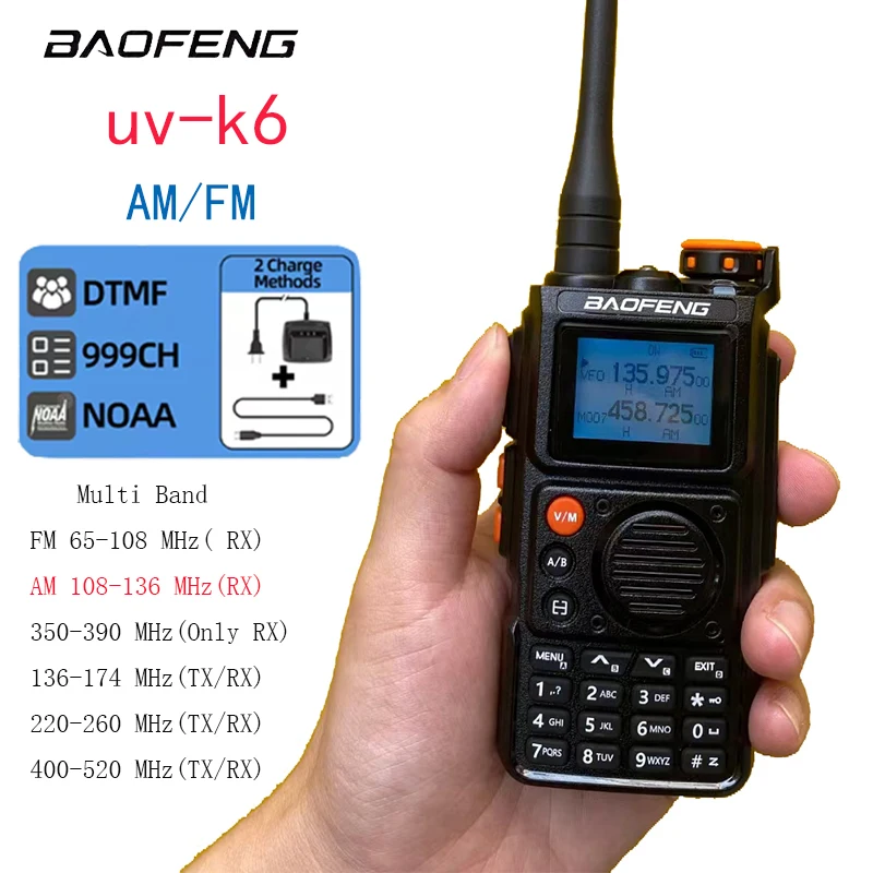 

Baofeng Walkie Talkie K6 Многодиапазонный самолет 999Ch 5W 1,44 "Экран Беспроводная копия Freq 1750 Гц Шумоподавление Dual Wait FM-радио