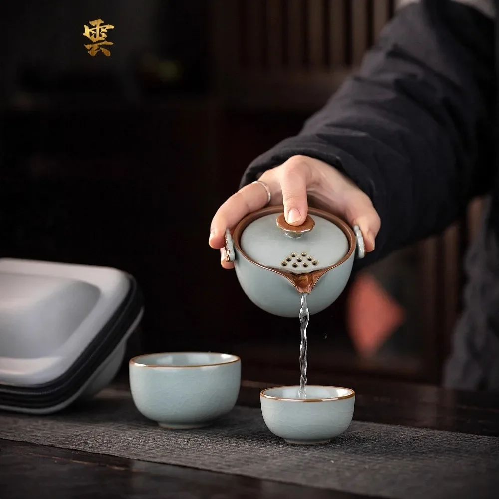Teapot, Hand-caught Pot, Lid Bowl Anti-scalding Ceramic Tea Set, Ru Porcelain Tea Tools Set Gongfu Teaset Camping Teacup Gift