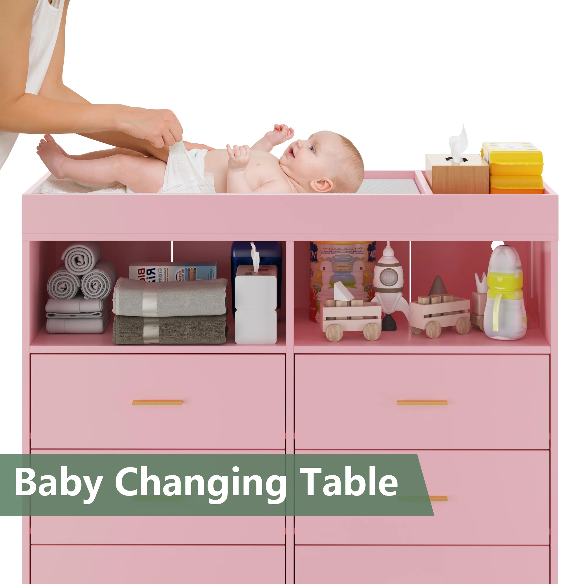6-Drawer Baby Changing Table Dresser with LED Lights & USB Charging Station - Convertible Nursery Dresser for Infant Essentials, Modern Changing Table Top with Pad Included