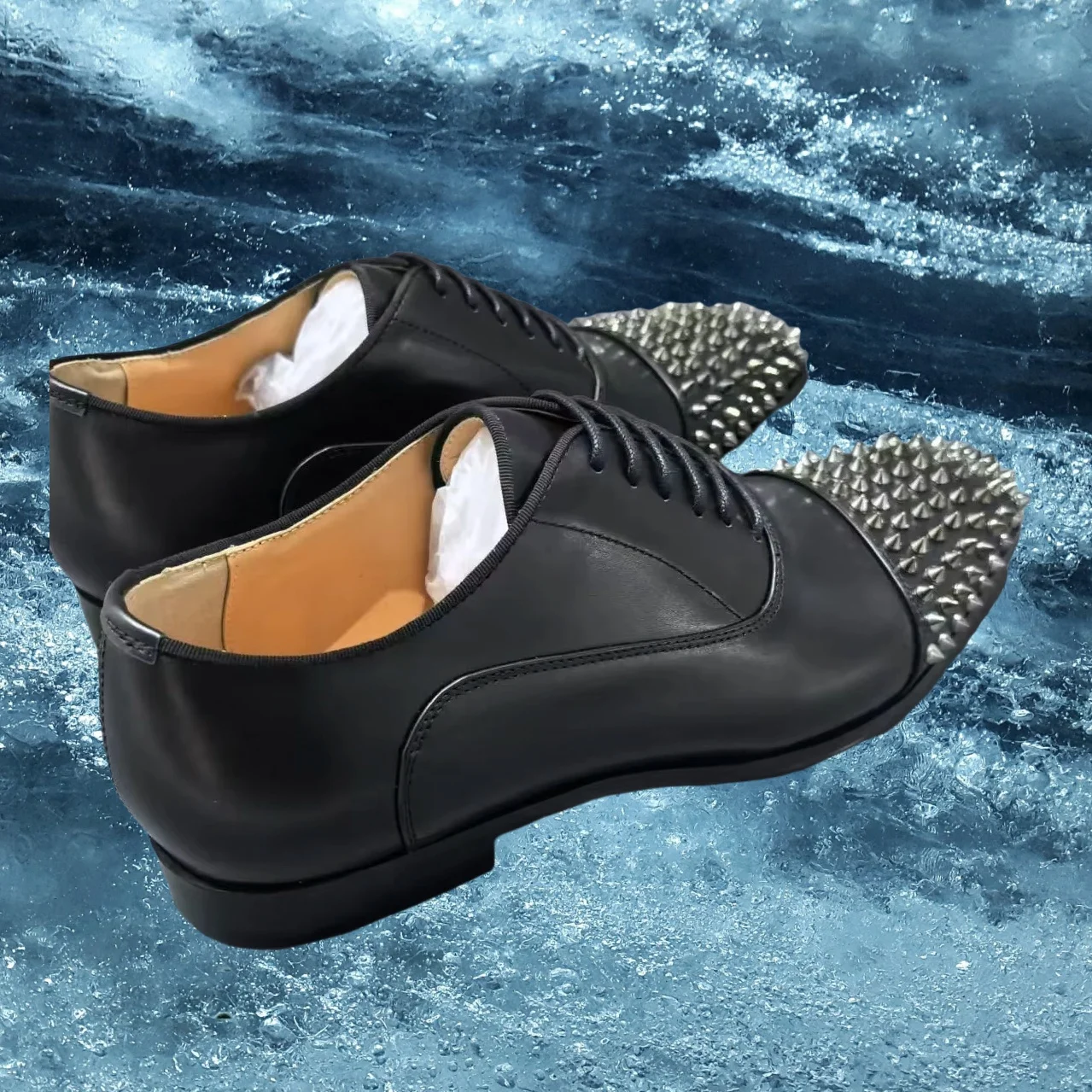 

Spring 2025 New Black Men Wedding Dress Shoes Round Toe Flat Rivet Decorative Slip-On Elegant Luxury Men's Leather Suit Shoe