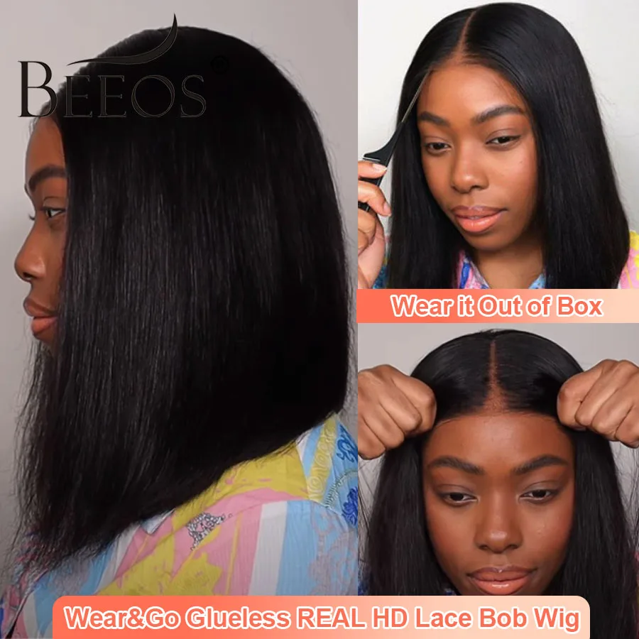 

BEEOS Wear&Go HD Lace Straight Short Bob Wig Preplucked Glueless 5x5 HD Closure Wig Ready To Wear Bleached Knots Human Hair Wigs