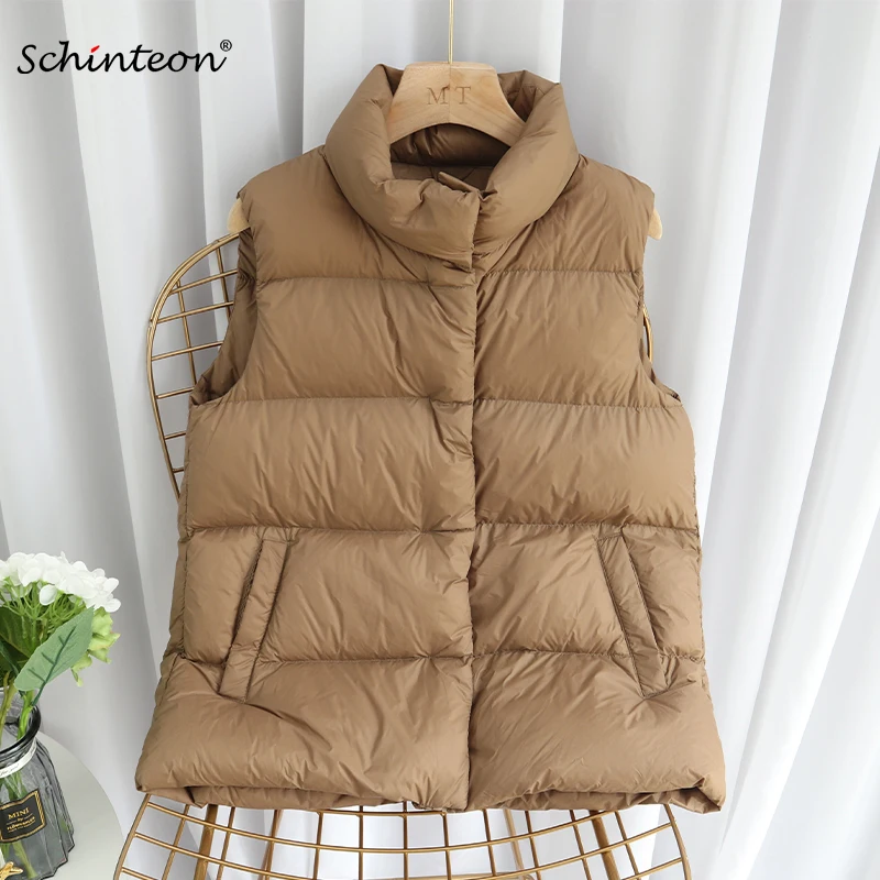 Schinteon Women Ultralight 90% White Duck Down Vest Casual Slim Waistcoat Gilet Jacket Autumn Winter Solid Color Top Fashion