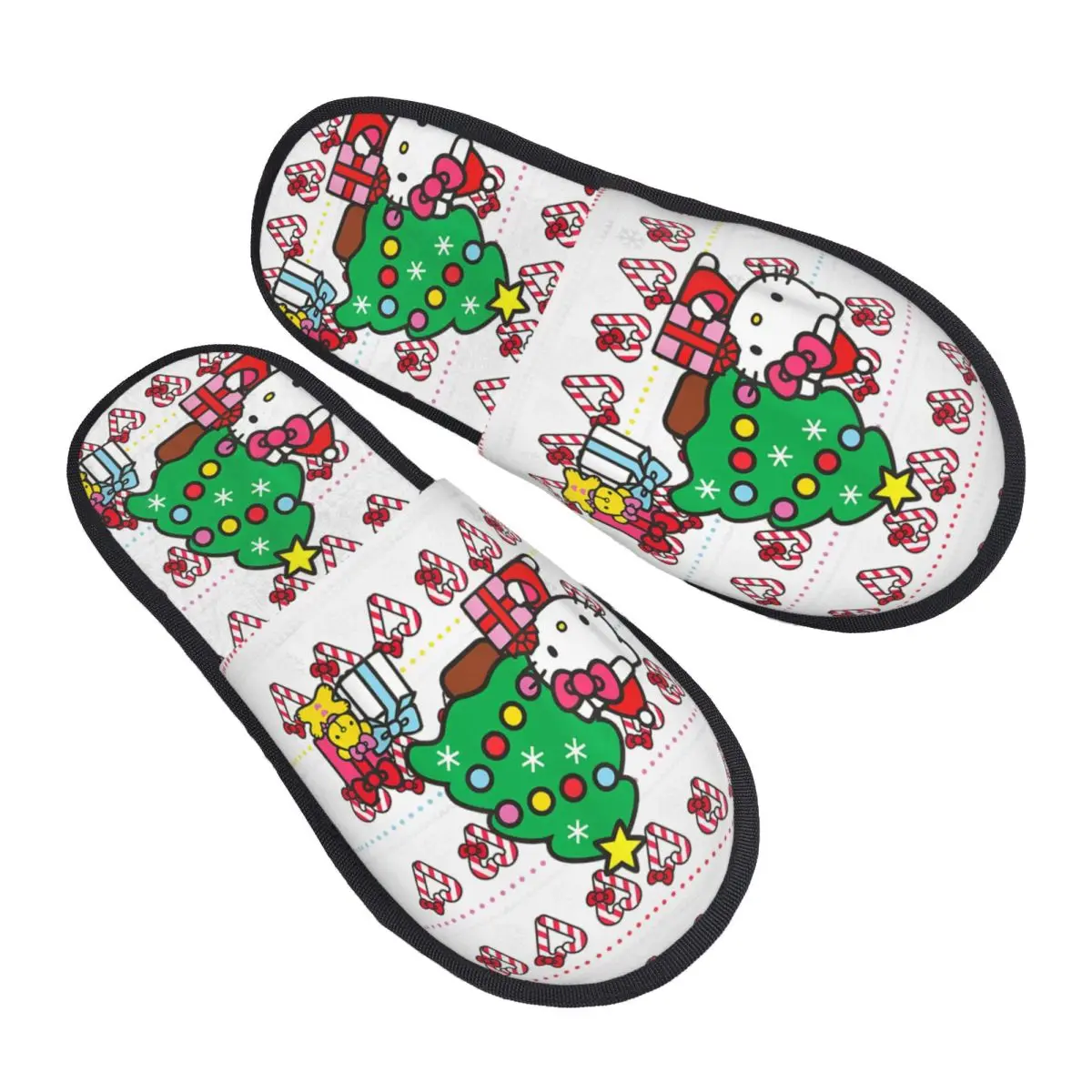 

Hello Kitty Candy Cane Christmas Sweater House Slippers Indoor Cozy Household Fur Slides Slippers Non-skid