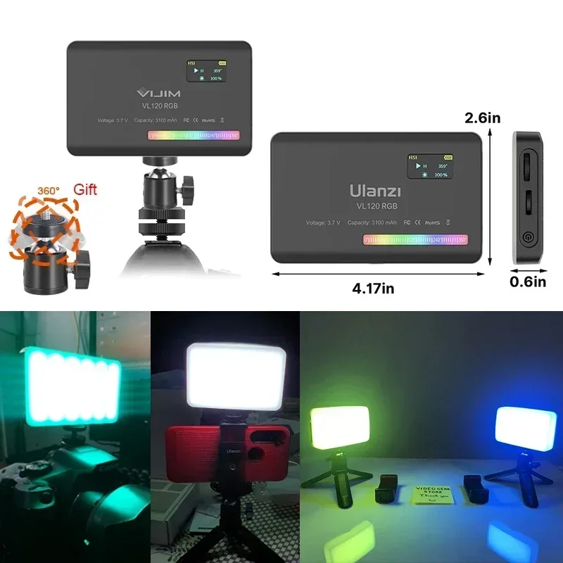 US.EU VL120 RGB LED Video Light Camera Light Full Color Rechargeable 3100mAh Dimmable 2500-9000K Panel Light Photo Studio Lamp