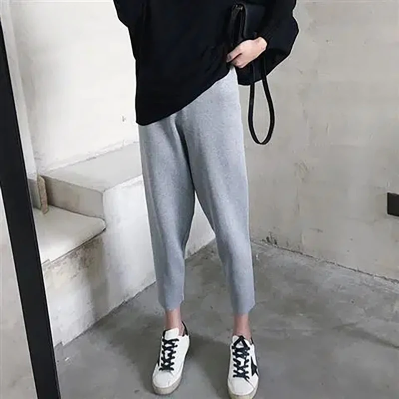 

Winter High Waist Knitted Women Pants Solid Color Loose Ankle-length Harem Pants Streetwear Fashion Elastic Womens Pants Z322