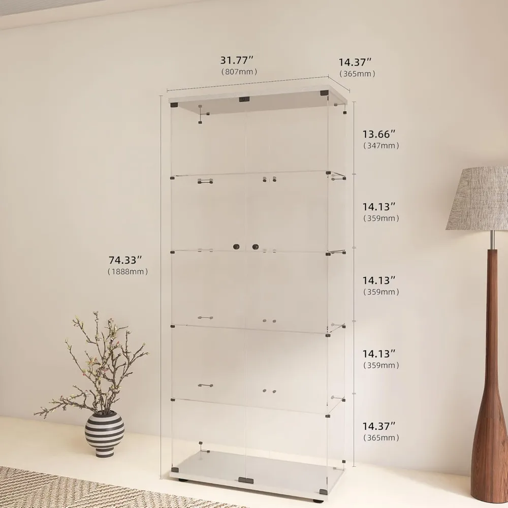 Contemporary Glass Display Cabinet with 5 Shelves and Double Doors for Living Spaces, Bedrooms, Offices, and Educational Setting