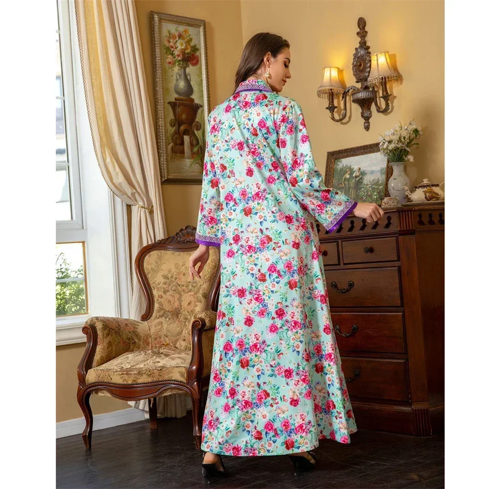 

Dubai Abaya Muslim Women Floral Print Diamond Long Maxi Dress Turkey Arab Eid Party Gown Islam Saudi Kaftan Femme Jalabiya Robes