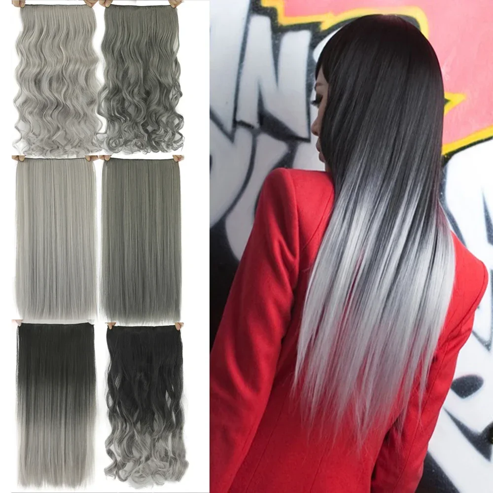 Black To Gray Ombre Curly Synthetic Hair Clip In Hair Extensions Hairpiece Clip-in One Piece Hair Accessories for Women