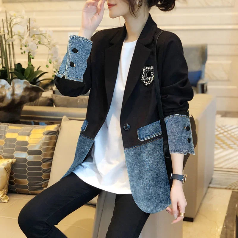 Graphic Female Jeans Coat with Print Sequin Black Patchwork Diamonds Outerwears Long Trench Women's Denim Jackets Spring Autumn