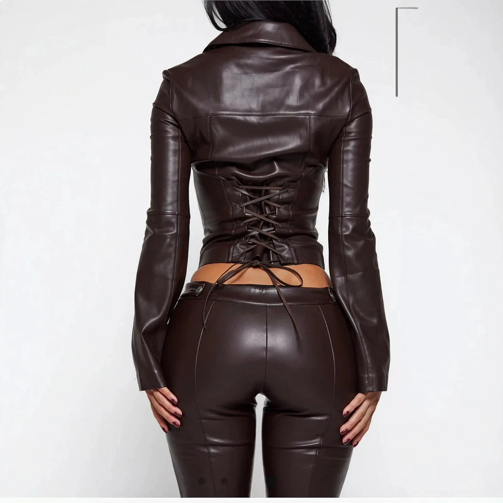 Brown Faux Leather Two Piece Set Women Cropped PU Outerwear Lace Up Capri Pants Slimming Matching Set Party Outfits