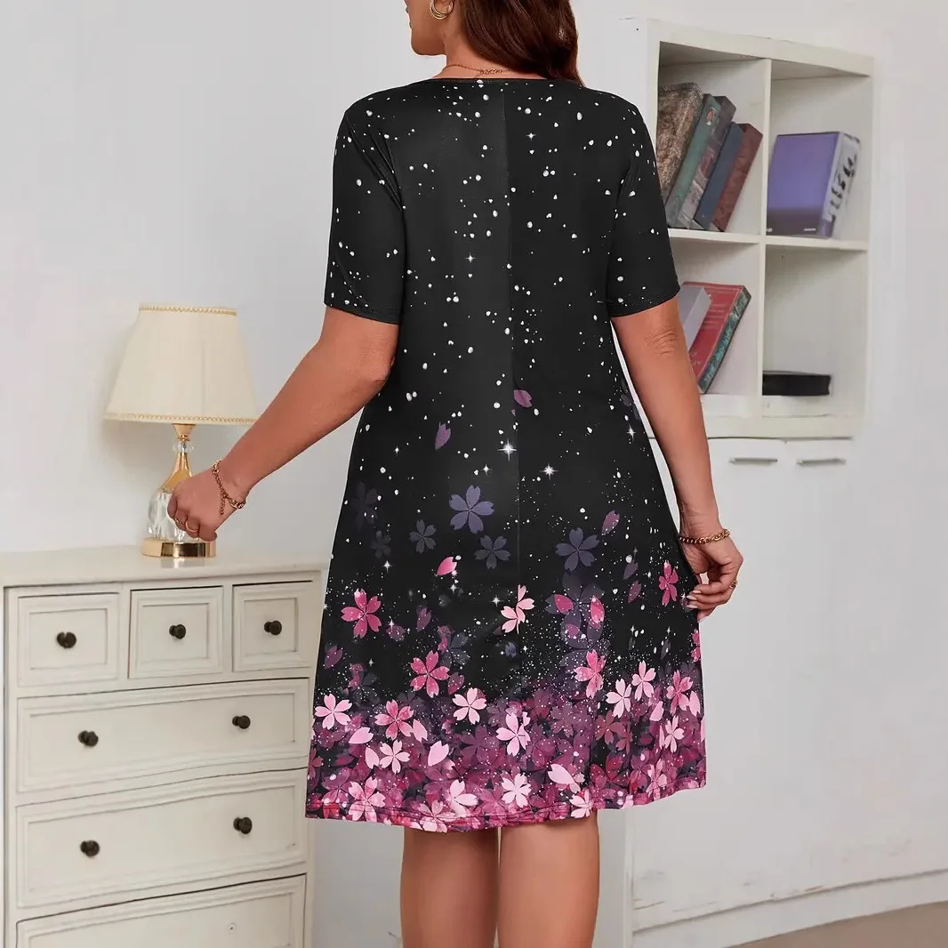 Vestido meio longo de verão plus size, estilo europeu americano, floco de neve e flor roxa, vestido tubo reto