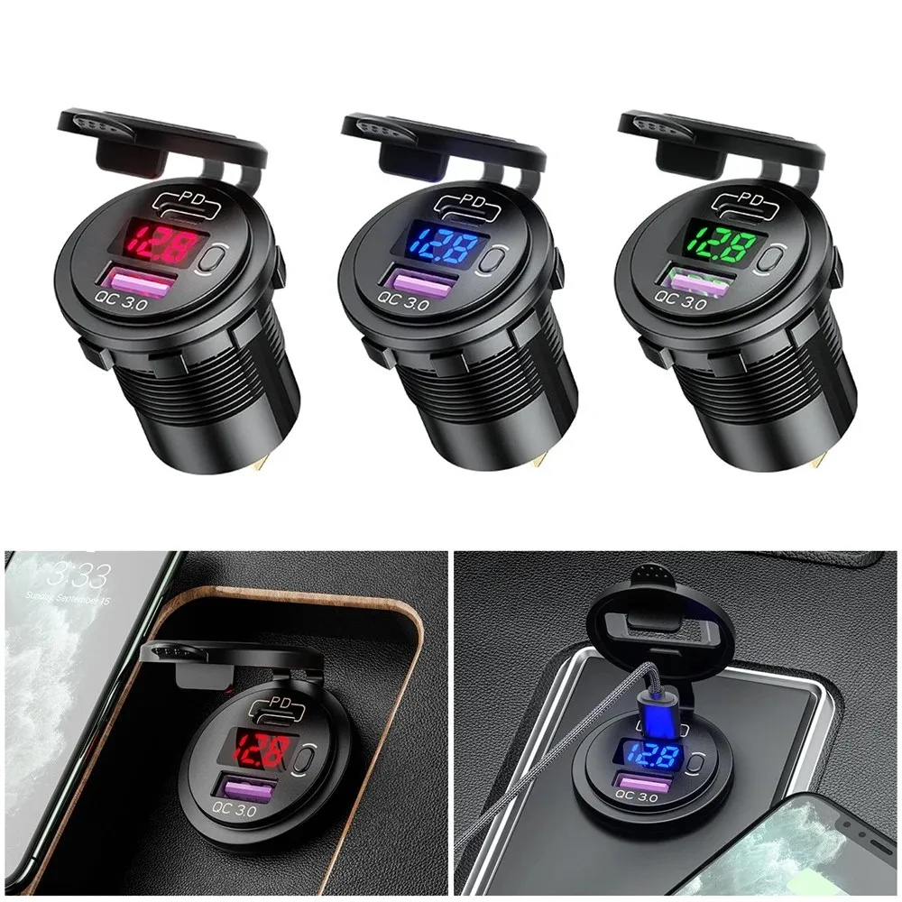 

USB C Car Charger Socket Dual USB Socket PD3.0 and QC3.0 Car USB Port With LED Voltmeter and On/Off Switch 12V/24V