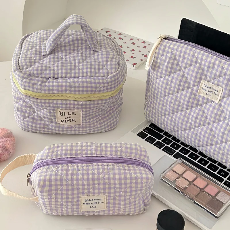 Fashion Checkered Makeup Bag Large Capacity Portable Cosmetic Storage Bag Cotton Quilted Wash Bag Skincare Pouch