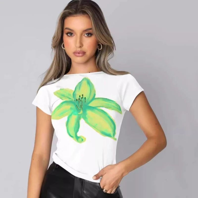 American Retro Y2K Millennium Style Flower Short Sleeve T-Shirt Women's Summer INS Hot Girl Slim Sweet Spicy Short Tops