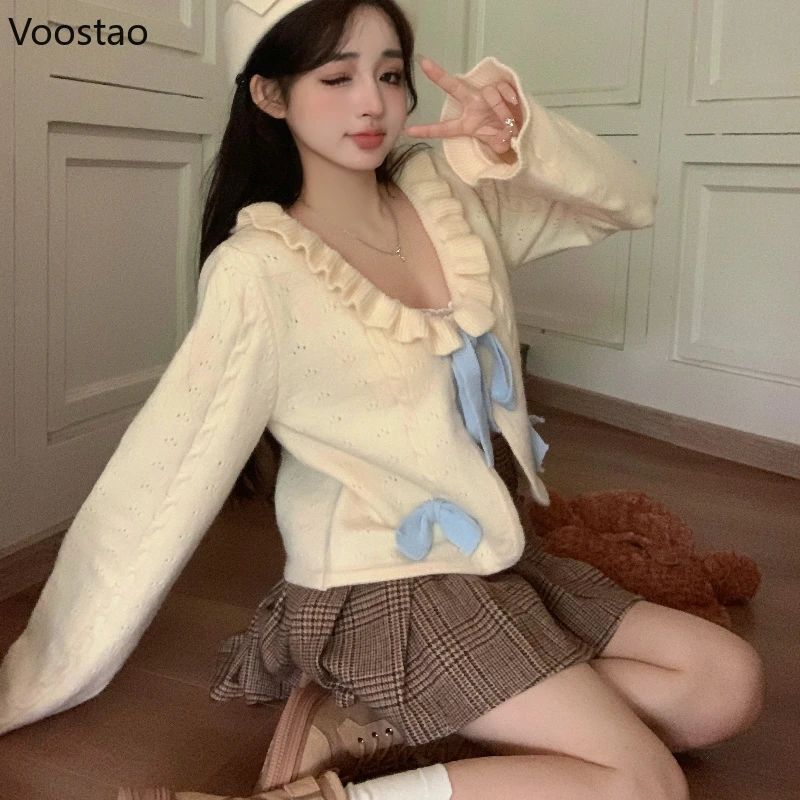 Zoete Lolita Gebreid Vest Herfst Winter Vrouwen Kawaii Ruches Kraag Strik Trui Cropped Jas Koreaanse Meisjes Schattige Breigoed Tops