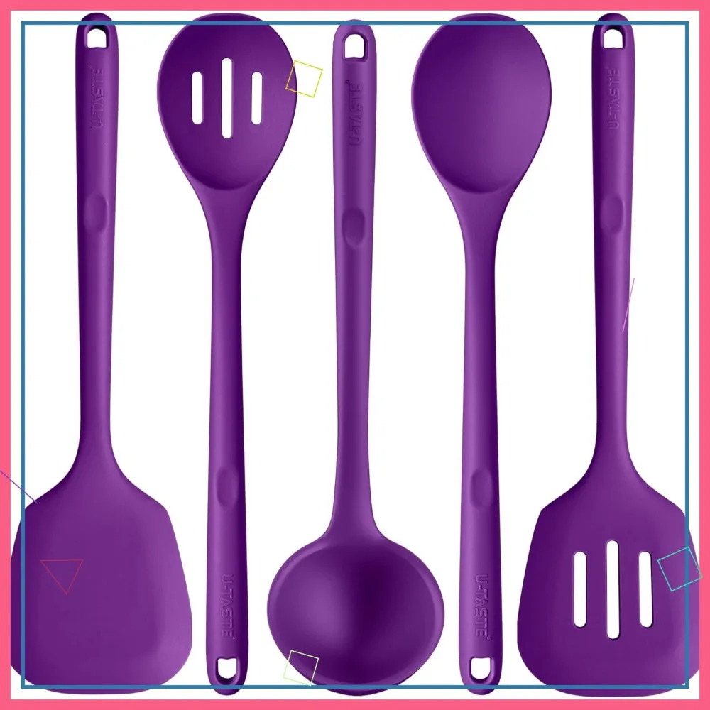 

Heat Resistant Silicone Kitchen Utensil Set: 5-Piece Purple Non-Stick Spatula Turner Spoon Ladle for Cooking and Serving