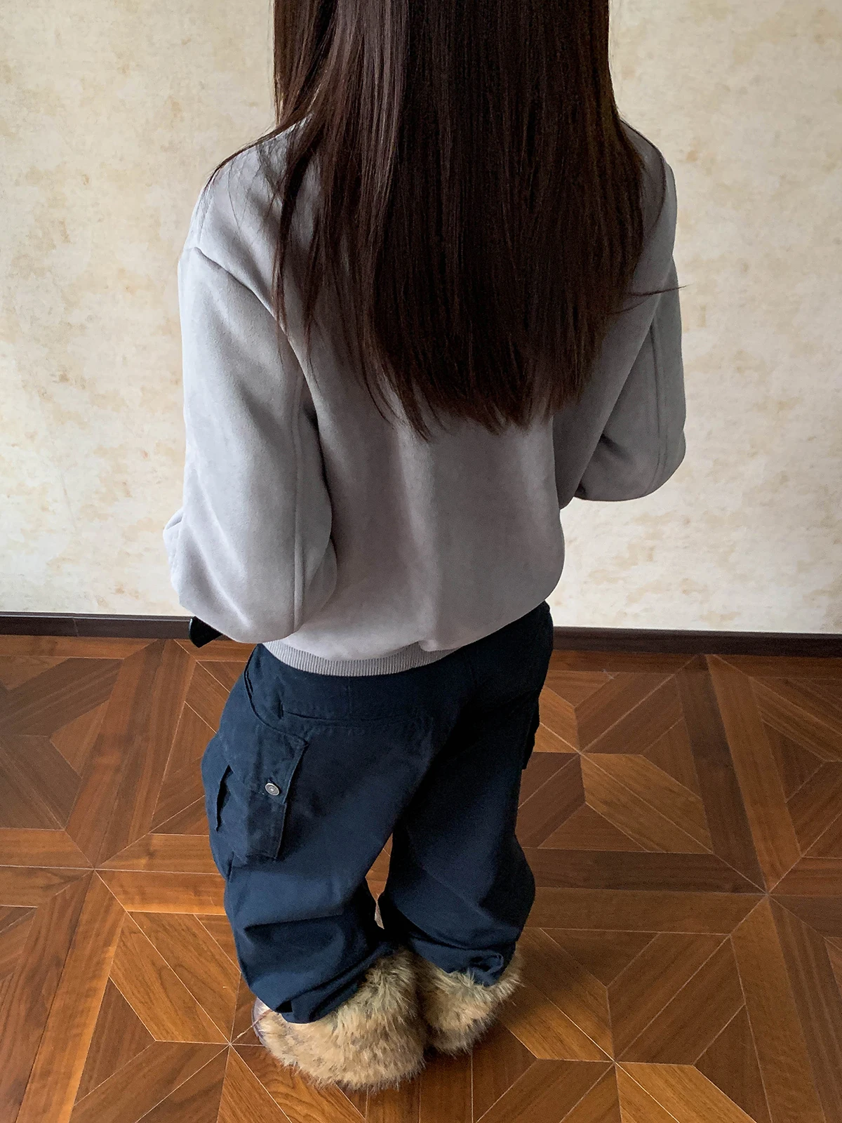 Jaqueta de Motocicleta Feminina Aket Americana de Camurça Forrada com Lã Quente, Casaco de Inverno Casual com Gola Alta e Ombro Curto