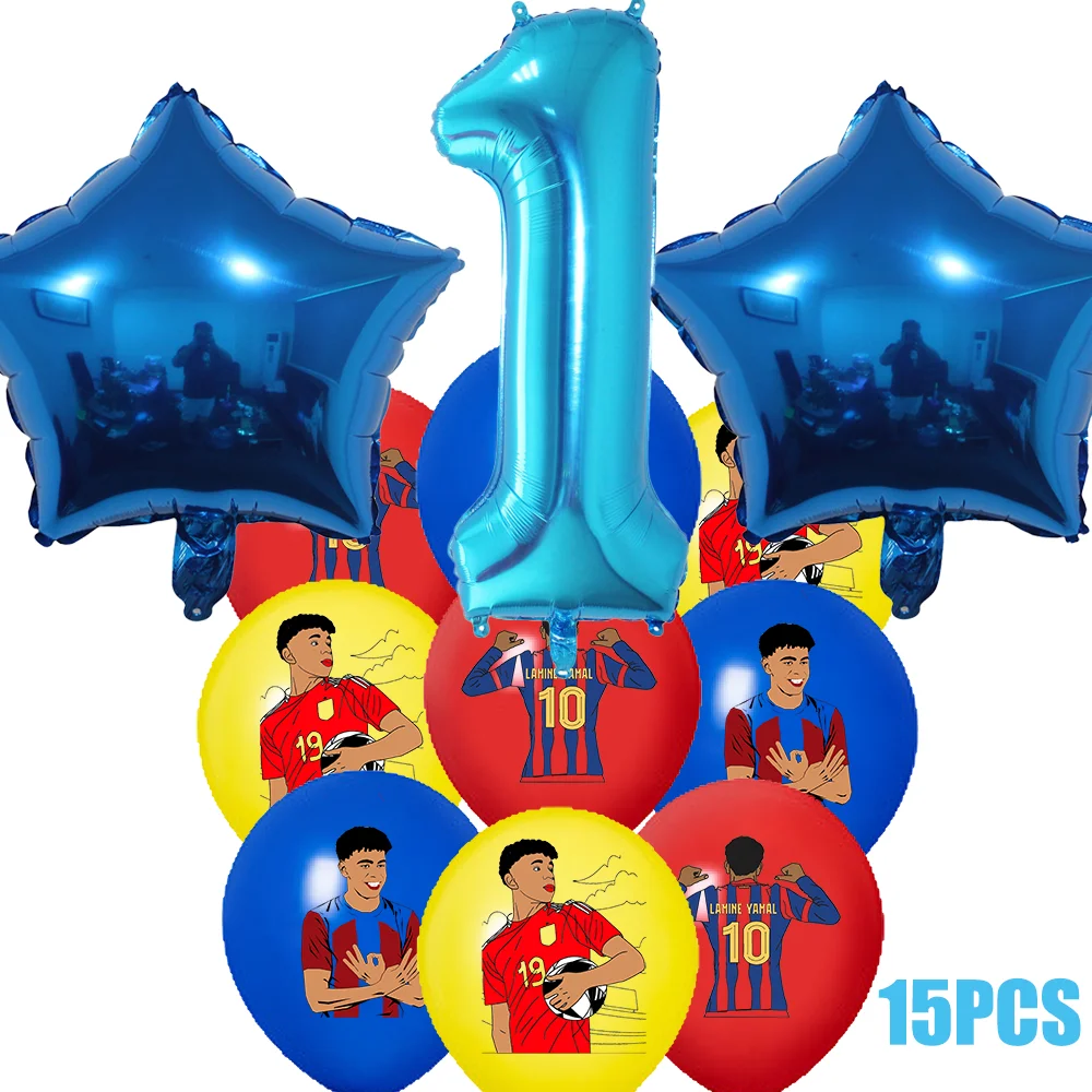 Yamal Soccer Football 15Pcs Blue Number 1 to 9 Foil Balloons Star Foil Balloons Kids Birthday Party Decorations Sports Theme