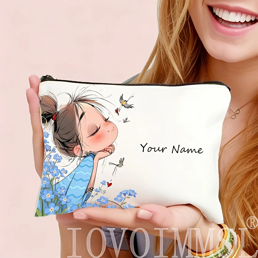 Personalized Name Cosmetic Bag Custom Bun Girl Blue Forget‑Me‑Not Bird Print Zipper Pouch Women Travel Makeup Storage Purse Gift