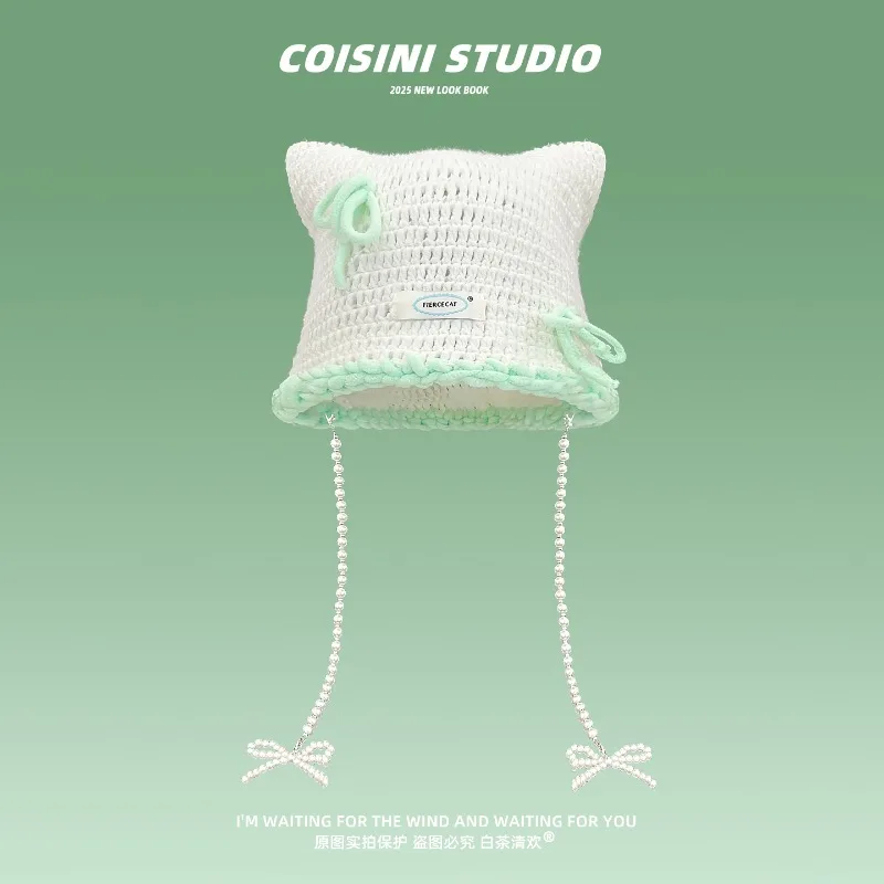 

Korean Sweet Bow Pearl Chain Strap Pullover Hats for Women Spring and Autumn Travel Fashion Versatile Niche Y2K Beanies Cap