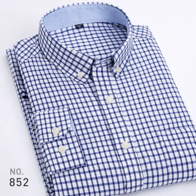 Camisa casual de manga comprida masculina, listrada, xadrez, Oxford, girando, confortável, respirável, gola, design de botão, fino, vestido de