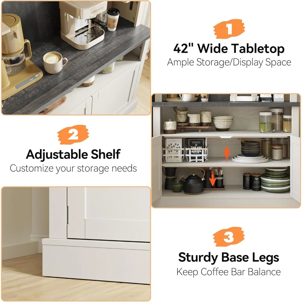 농가 스타일 72인치 높이 커피 바 캐비닛 LED 조명 및 수납 기능이 있는 주방 사이드보드