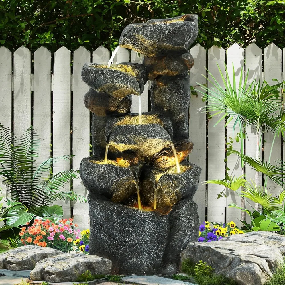 نافورة مياه خارجية متتالية من 6 طبقات مع 6 مصابيح LED، نافورة حديقة مع شلالات لحديقة المنزل والفناء والشرفة والبا