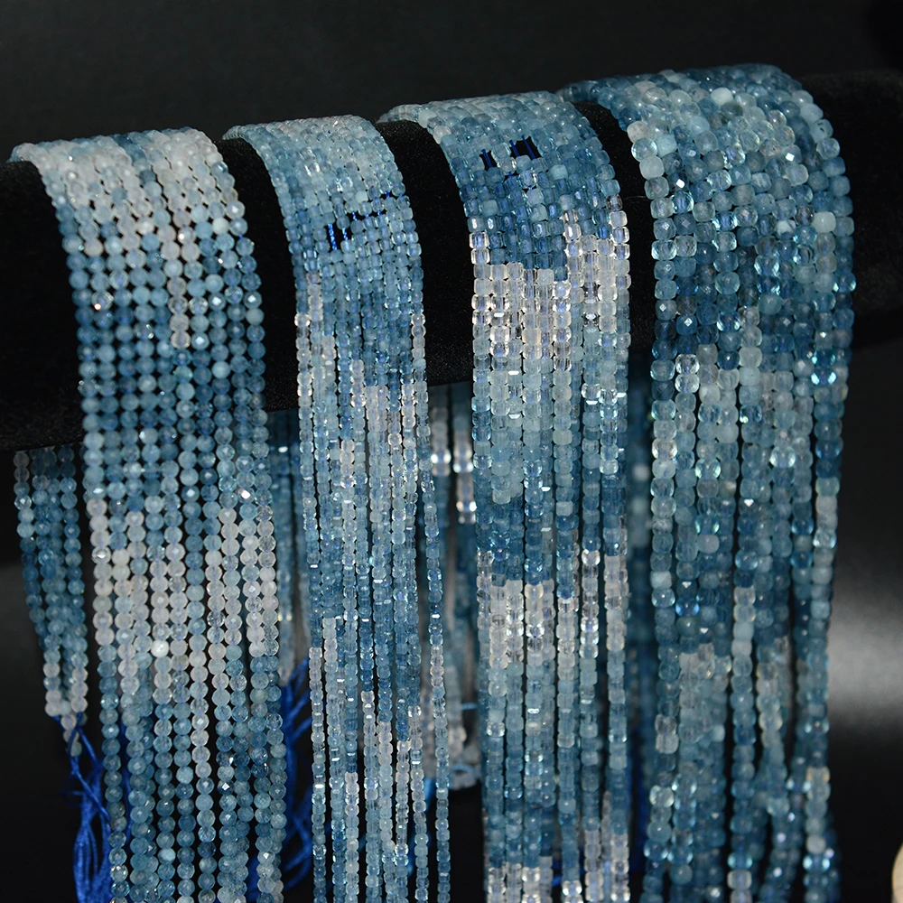 Natural A+++ Aquamarine Faceted Round / Cube Beads 2mm,3mm,4mmFor Jewelry Making DIY Bracelets Necklace Strand Gift 39cm