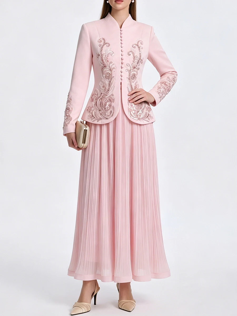 TWOTWINSTYLE Sequin Spliced Button Slim Two Piece Set for Women Stand Collar Long Sleeve Top High Waist Maxi Skirt Sets Female