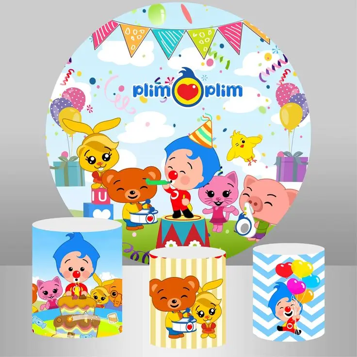 DIXSG Plim Happy Birthday Elastic Round Backdrop Blue Hair Clown Background Three Cylinders Background Circle Columns Cover