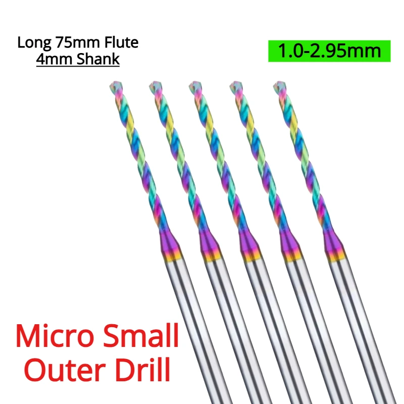 Micro Small Outer Drill, Long 75mm Flute, 4mm Shank, 1-2.95mm Dia, DLC Coated for Aluminum & Copper