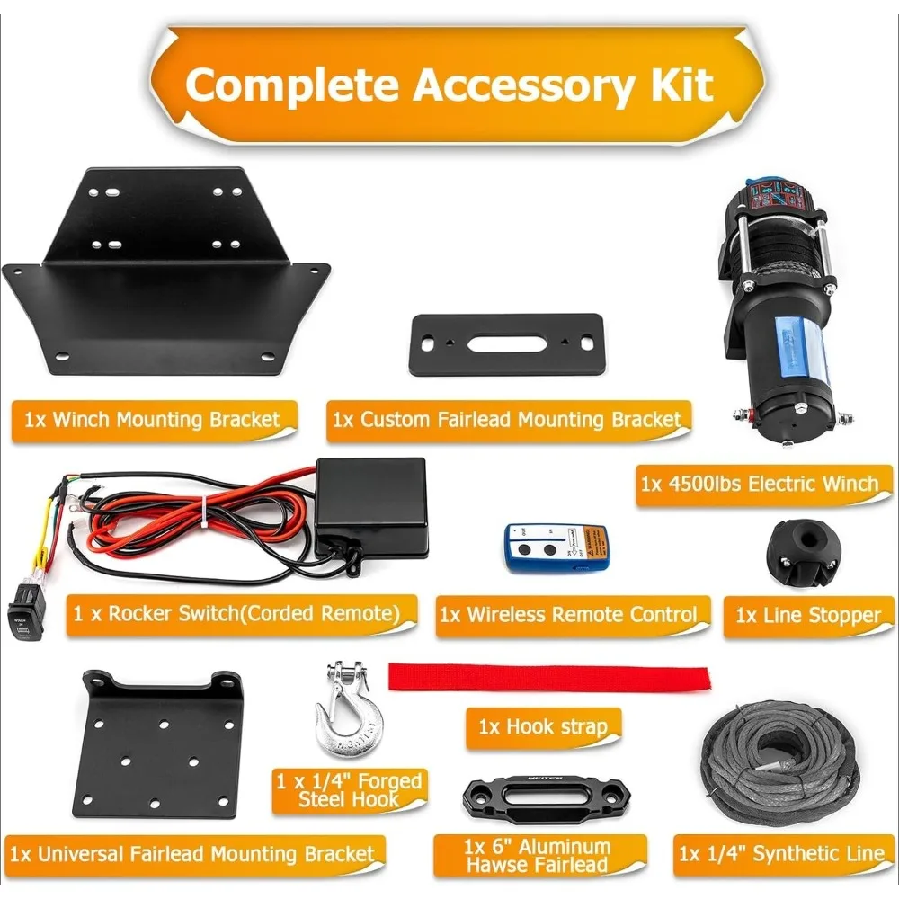 4500lb Electric Winch w/Rocker Switch & Winch Mount Compatible with Polaris Ranger XP 1000/900 Crew/PRO XD 2013-2025