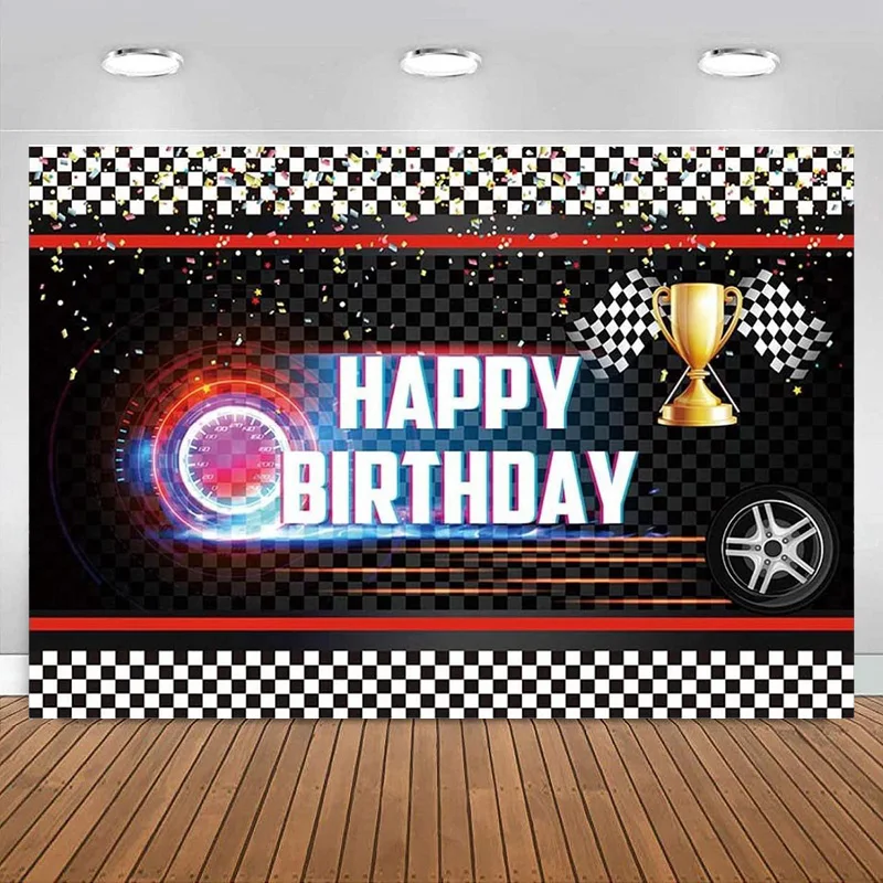 Racing Birthday Party Backdrop Black White Chequered Flag Decorations Race Competition Champion Banner Photography Background