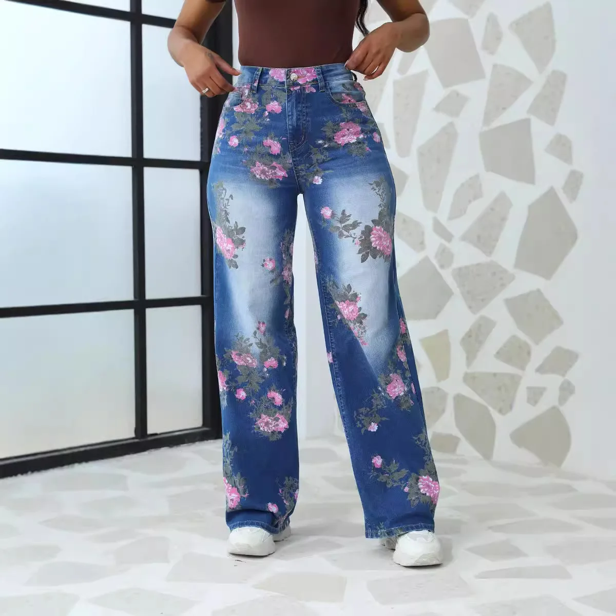 Women's  Wide Leg Jeans Casual Pants Lady Loose Denim Trousers Chinese Style Flower Butterfly Printed Pattern Fashion Skirt