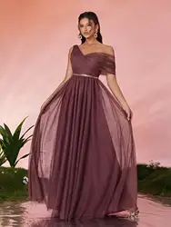 MGIACY  One shoulder flanged sequin belt netting bridesmaid dress