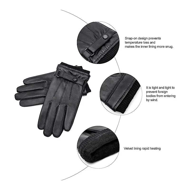 BISON-Guantes Térmicos de mezclilla para hombre, manoplas de piel de oveja 100% de cuero genuino para pantalla táctil, a prueba de viento, cálidos,