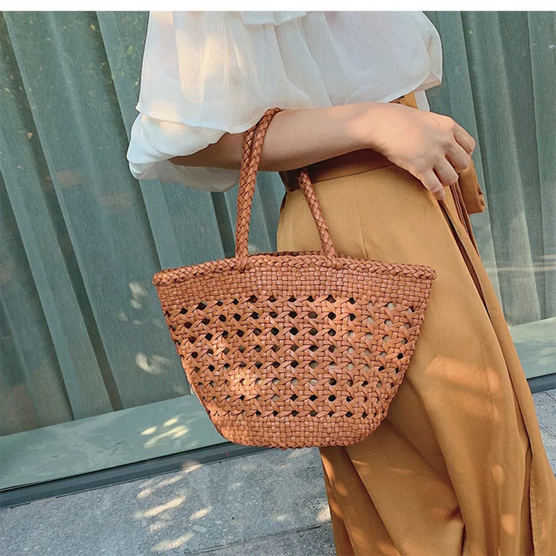 New product Women Genuine Leather Shoulder Bag with Inner Bag Shopping Basket bag hollowed Tote Bag Vintage Cowhide Handbag