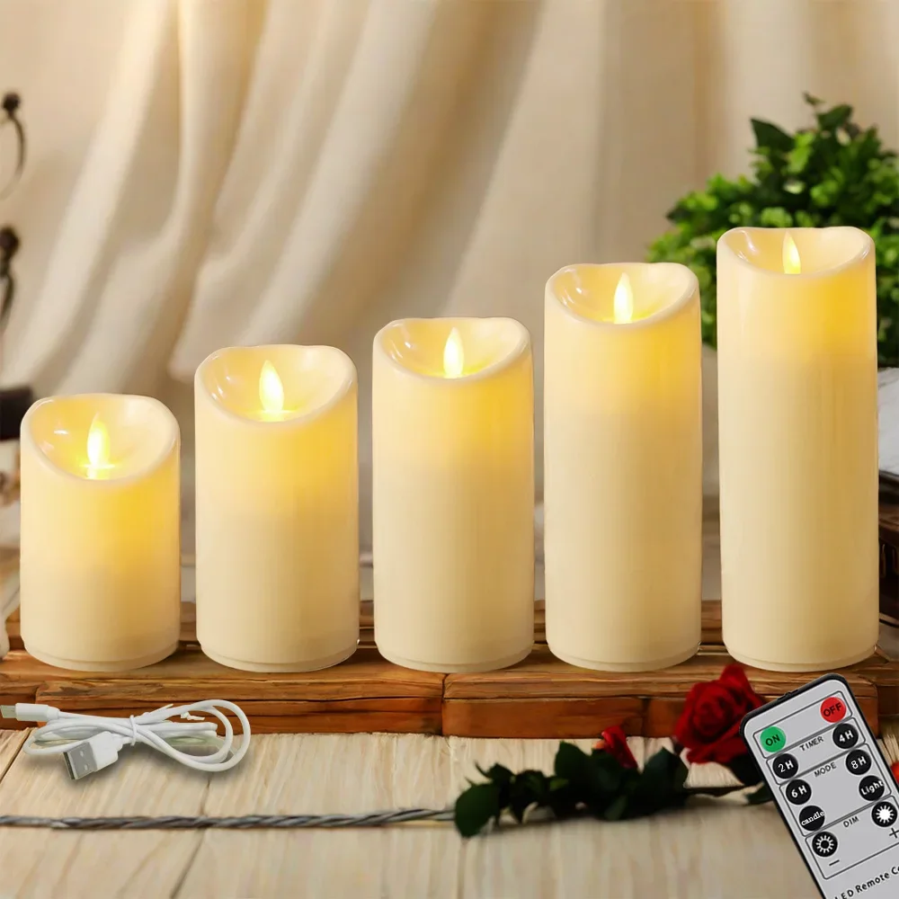 LED Electronic Candles Timer Remote USB Rechargeable Pillar Candle Atmosphere Light Christmas Wedding Party Night Lamp Tealight
