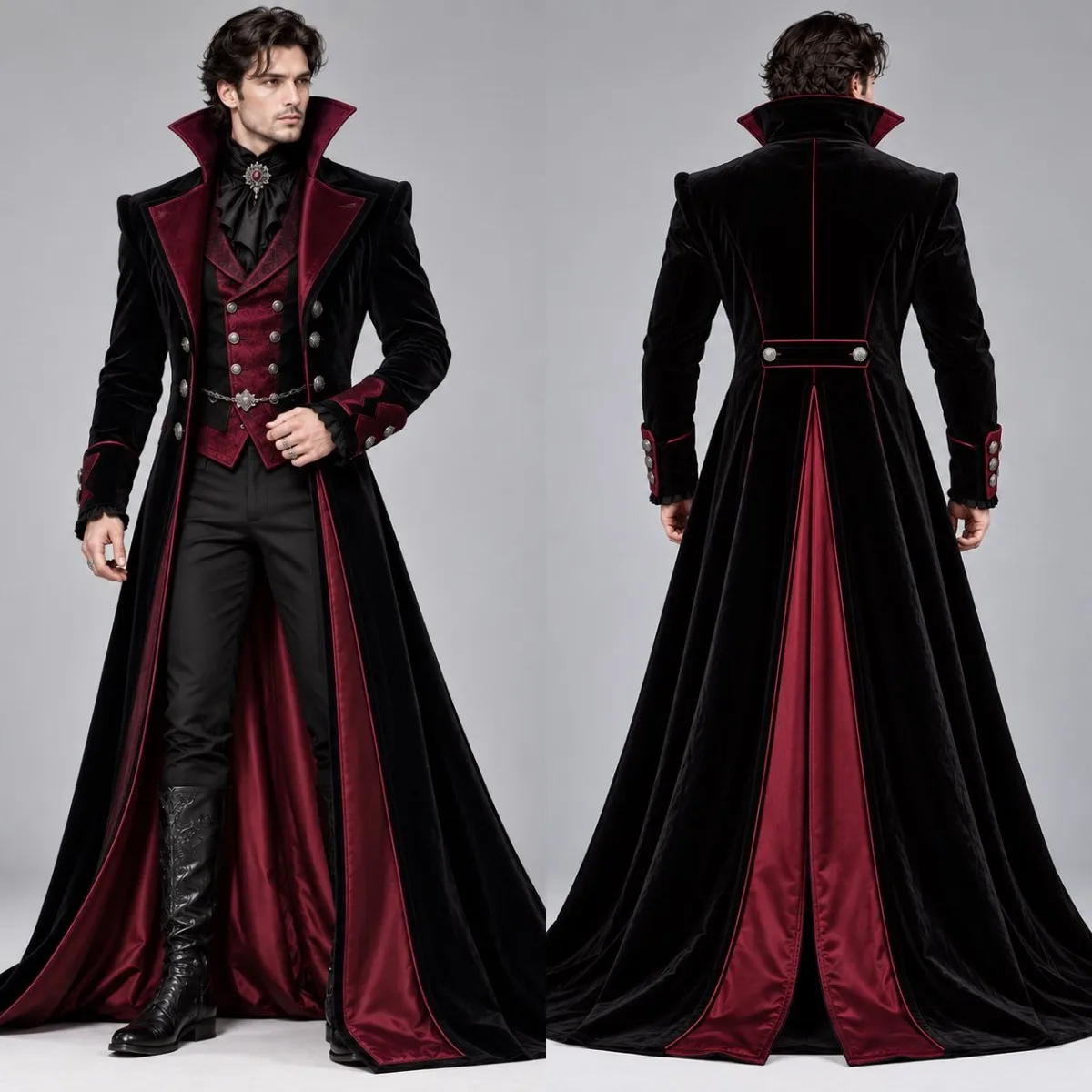 Elegant Men Gothic Long Coat Velvet Contrast Inner Lining Victorian Steampunk Jacket Cosplay Banquet Party Outerwear Custom