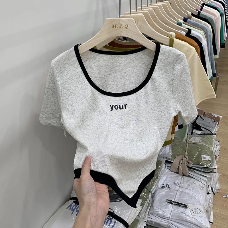 

Irregular Hem Cotton Short T-shirt Women Sweet Slim Square-neck Short Sleeve Basics Tees Tops Female Letter Print Splicing Color