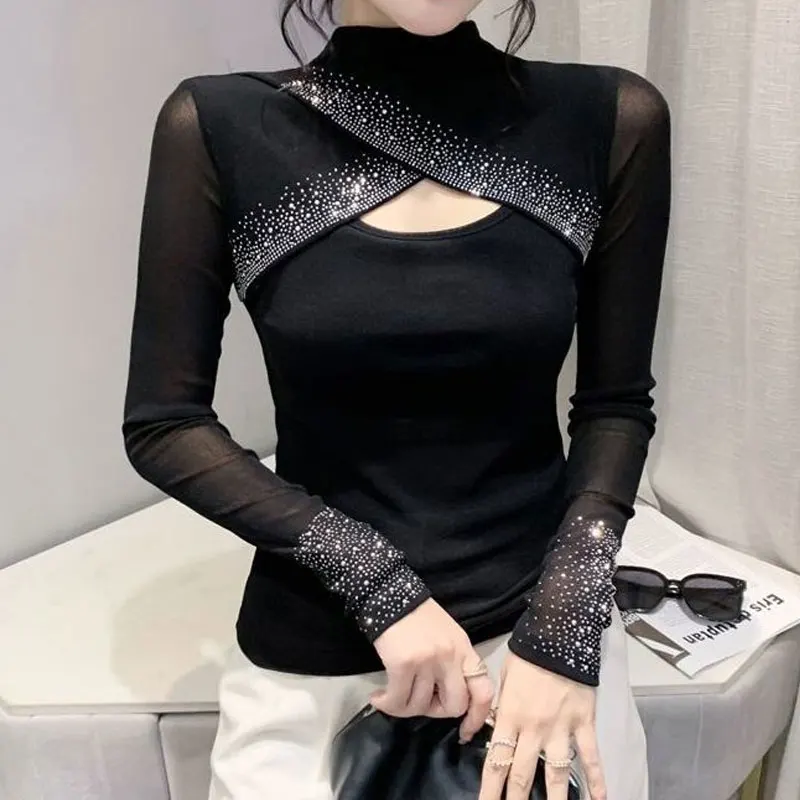 Women's Clothing Undercoat Korean Fashion Slim Solid Color Hollow Out Diamonds Half Height Collar Long Sleeve Pullovers T-Shirts