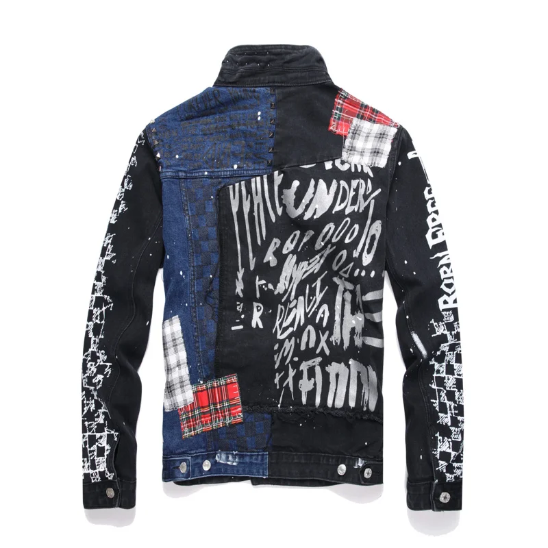 Y2K Street Graffiti Men's Denim Jacket High-end Fashion Personalized Spray Paint Printed Jacket Black Casual Loose Denim Top