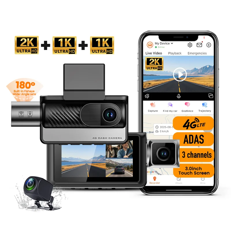 3CH 4G LTE DMS ADAS Vehicle Camera for Car DVR Dash Cam 2K Front Cabin and Rear APP Remote Control Parking Monitor GPS Tracking